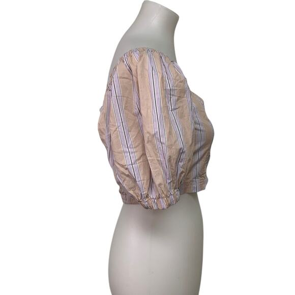 New Aerie Womens Small Striped Puff Sleeve 100% Cotton Smocked Square Neck Top - Picture 4 of 8